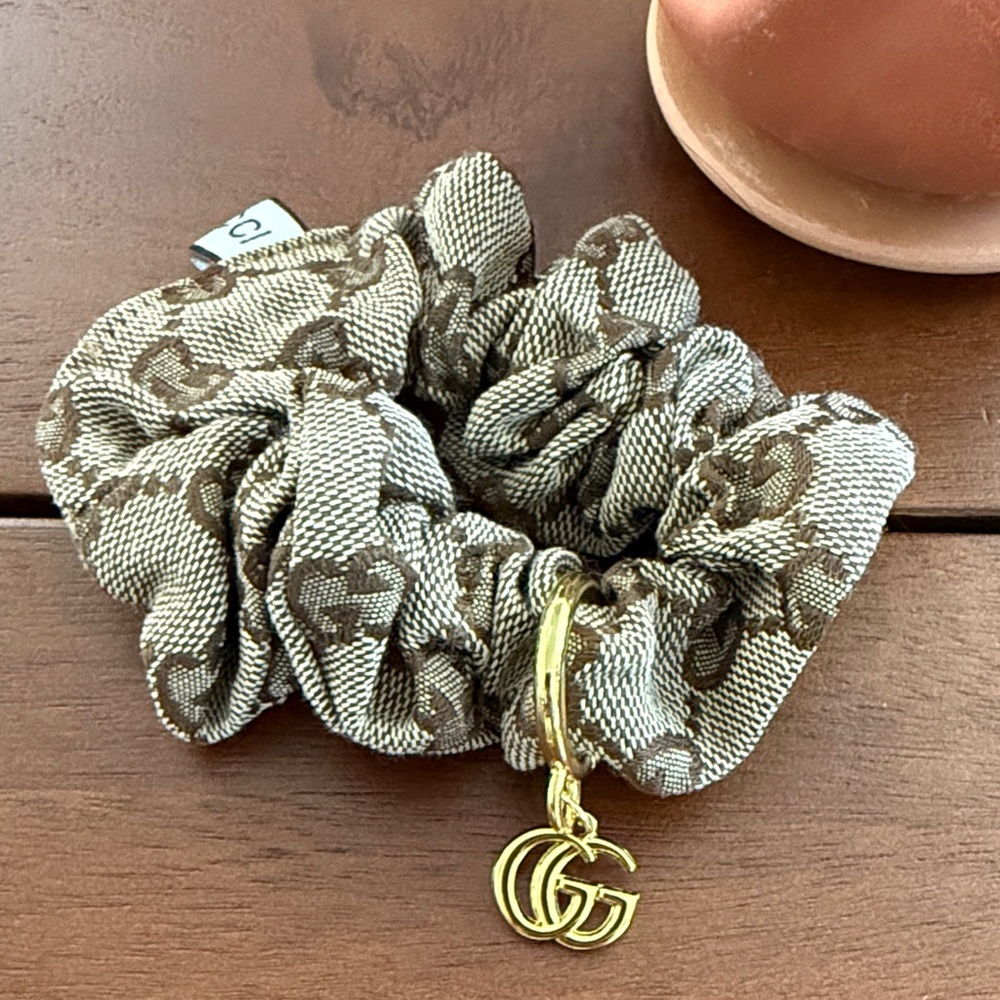 Designer-Inspired Brown GG Logo Scrunchie with Gold Charm
